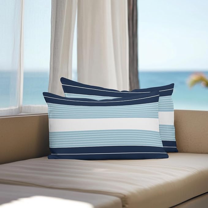 Navy Blue Aqua Stripe Outdoor Pillow Covers Waterproof, All Weather Cushion Case Set of 2, Modern Art Horizontal Striped Lumbar Pillowcase for Sofa Couch Bed Decor Patio Furniture 20"x12"