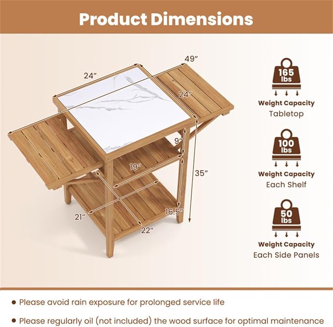 Acacia Wood Outdoor Grill Table with Drop Leaf, Faux Marble BBQ Prep Station for Patio Backyard, Folding Side Shelf Portable Camping Kitchen Table, Portable Grill Table for Patio, Kitchen
