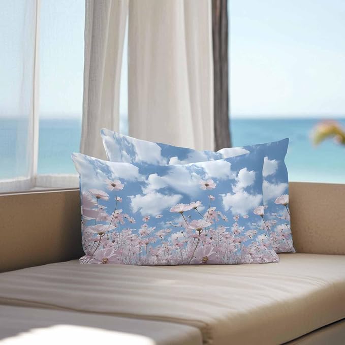 Vandarllin Outdoor Throw Pillows Covers 20x12 inch Set of 2 Waterproof Blue Sky Cloud Decorative Zippered Cushion Covers for Patio Furniture, Pink Flower Lumbar Pillowcases