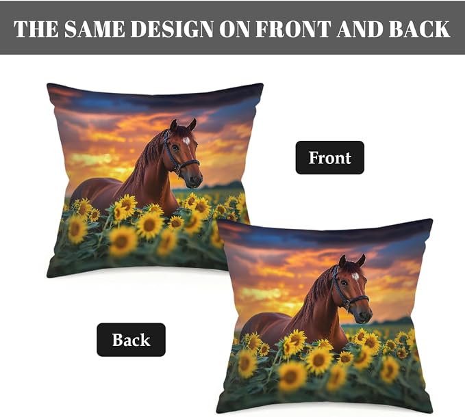 16x16 Inch Outdoor Pillow Covers Set of 2 Waterproof Throw Pillow Covers Decorative Couch Cushion Covers Brown Horse Sunflower Square Pillowcases Protectors for Patio Garden Sofa