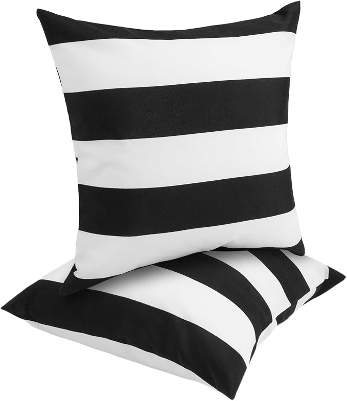 FUNHOME Outdoor Throw Pillows Water Resistant 18x18 inch,Decorative Throw Pillow with Insert Set of 2,Hidden Zipper Headrests for Patio Furniture Sofa Couch Chair (Black White Stripe)