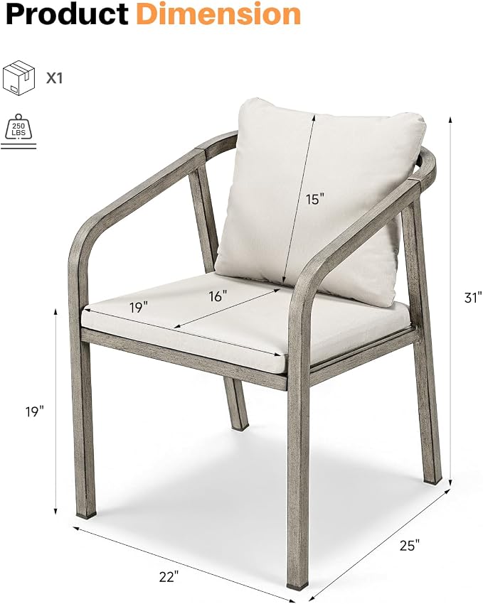 Never-Rust Aluminum Outdoor Dining Chairs Set of 2, Patio Dining Chairs with Ultra-Thick Cushion, Outdoor Patio Chairs with Wraparound Backrest and Armrest for Poolside, Porch, Deck, Gray Oak