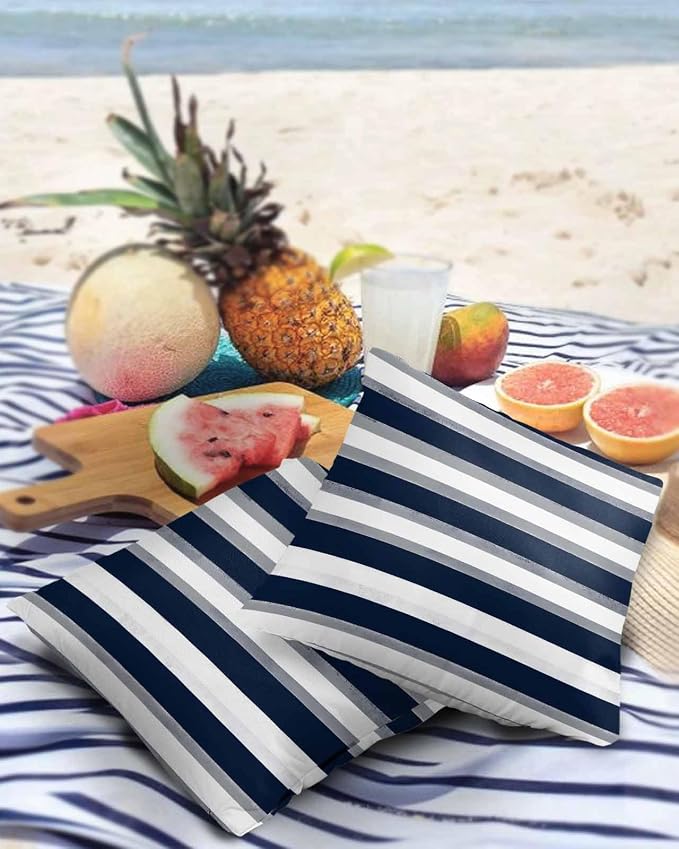 Pack of 2 Blue Grey White Stripes Outdoor Pillow Waterproof Covers 18x18 inch, Classic Geometric Polyester Throw Pillow Covers Garden Cushion Decorative Case for Patio Couch Decoration