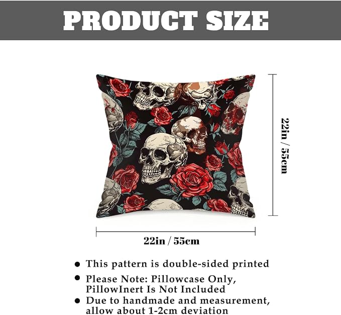 22x22 Inch Outdoor Pillow Covers Set of 2 Waterproof Throw Pillow Covers Decorative Couch Cushion Covers Floral Rose Skull Square Pillowcases Protectors for Patio Garden Sofa