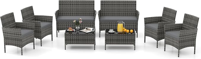 HAPPYGRILL 8 Pieces Outdoor Rattan Conversation Set, Patio Wicker Furniture Set with Loveseat Chairs & Tempered Glass Coffee Table, Outside Sectional Sofa Set for Backyard Garden Poolside, Gray