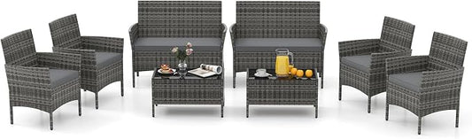 HAPPYGRILL 8 Pieces Outdoor Rattan Conversation Set, Patio Wicker Furniture Set with Loveseat Chairs & Tempered Glass Coffee Table, Outside Sectional Sofa Set for Backyard Garden Poolside, Gray