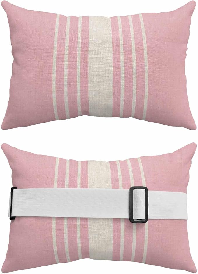 Pack of 2 Outdoor Lumbar Pillow Covers 12x20 Inch, Pink Beige Striped Waterproof Throw Pillow Covers Set, Modern Farmhouse Retro Lines Indoor&Outdoor Decorative Cushion Cases for Patio Porch Beach