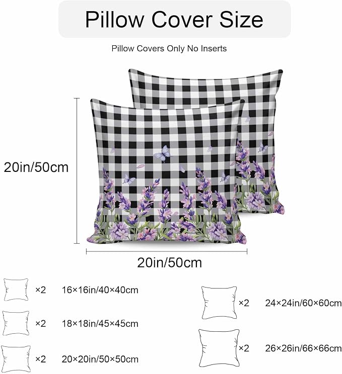 Vandarllin Outdoor Throw Pillows Covers 24x24 inch Set of 2 Waterproof Purple Lavender Flower Decorative Zippered Cushion Covers for Patio Furniture, Butterfly Black Buffalo Plaid Lumbar Pillowcases
