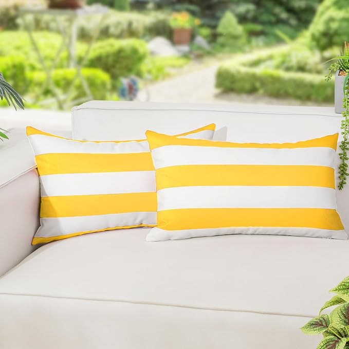 Lewondr 2 Pack Outdoor Throw Pillow Covers, 12"x20", Yellow + White | Lumbar Rectangle Stripe, Waterproof, For Outdoor Patio Porch Farmhouse Garden Balcony Couch, 30x50cm