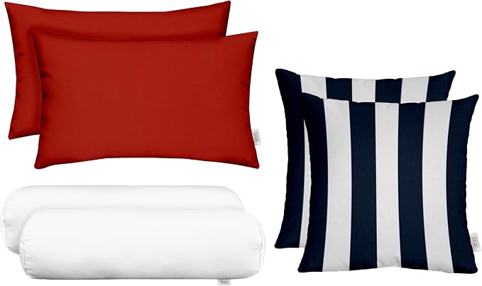 RSH DECOR: 6-Pack Red White & Blue Pillow Set | All-Weather Spun Fabric | Water & Fade-Resistant | Outdoor Pillows Lumbar, Square, & Neck Roll | Heritage Red, White, Navy Blue & White Stripe