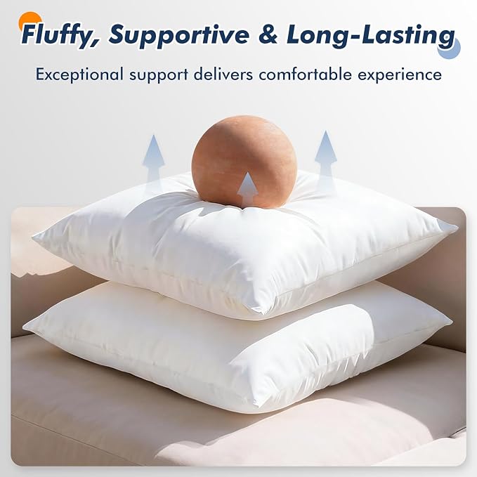 2 Pack 22x22 Outdoor Pillows, Water Resistant Throw Pillow Inserts | Square Waterproof Pillows, Decorative Pillow for Patio & Couch, Fluffy & Supportive, Convenient Zipper Design