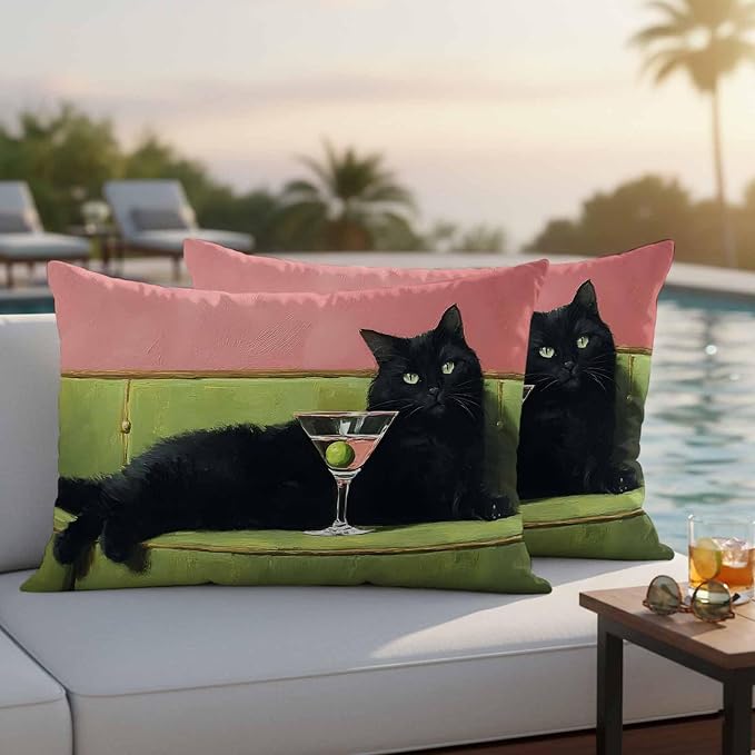 Funny Cat Outdoor Pillow Covers 20x12 Inch Lumbar Pillow Covers Set of 2 Waterproof Decorative Throw Pillow Cases Vintage Wine Animals Green Pink Cushion Covers for Patio Furniture Garden Couch
