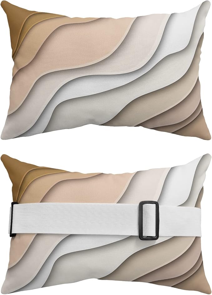 Geometric Ombre Lounge Pillows Outdoor, Aesthetic Beige Brown White Gradient Abstract Head Pillows, Modern Waterproof Patio Furniture Lumbar Pillows with Adjustable Elastic Strap for Recliner Beach