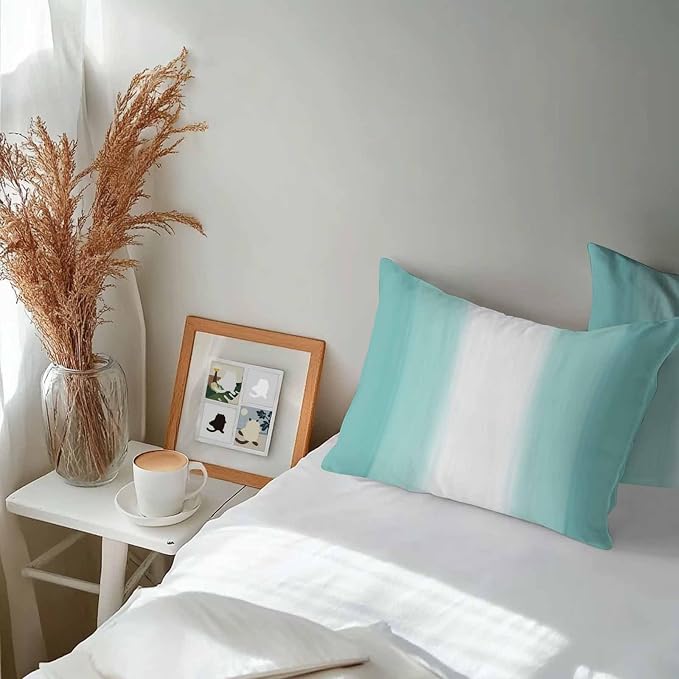 Teal Abstract Stripes Outdoor Pillow Covers 20"x12" Set of 2, Modern Teal White Gradient Waterproof Throw Pillow Covers for Patio Furniture, Decorative Cushion Covers for Porch