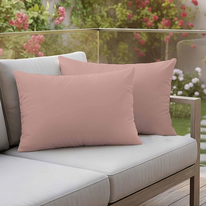 Lumbar Pillow Covers 12 x 20 Inches, Pink Pure Color Waterproof Throw Pillow Cover Set of 2, Aesthetics Contemporary Luxury Decorative Rectangle Cushion Covers for Patio/Couch/Garden