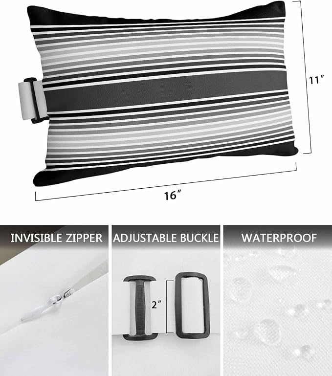 Pack of 2 Outdoor Lumbar Pillow Covers 11x16 Inch, Black Striped Waterproof Throw Pillow Covers Set, Black Ombre Farmhouse Stripes Indoor&Outdoor Decorative Cushion Cases for Patio Porch Car