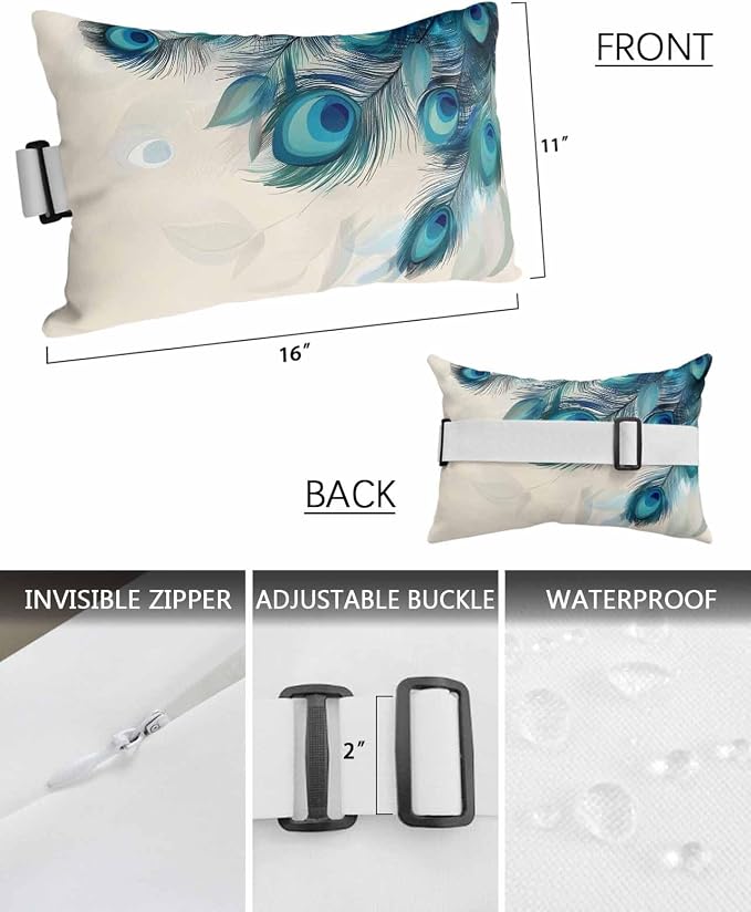 Pack of 2 Outdoor Lumbar Cushions with Inserts, Modern Blue Peacock Feather Animal Pattern Waterproof Fluffy Fade Body Pillows, Patio Furniture Pillow for Home Balcony Garden Decor 11x16IN