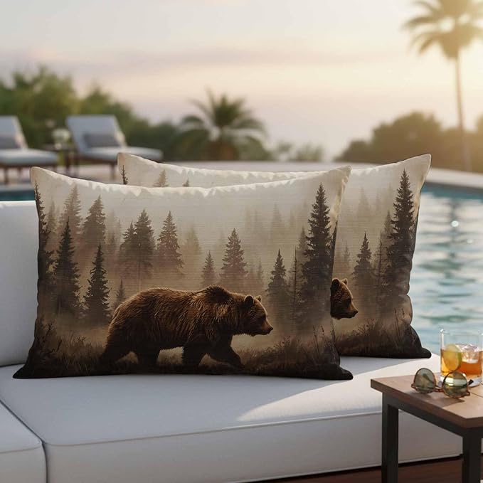 Yukro Nature Landscape Outdoor Waterproof Pillow Covers Pack of 2, Rustic Brown Bear Misty Forest Pine Tree Throw Pillowcases Decorative Cushion Covers for Garden Patio Tent Sofa Couch, 20x12 inch