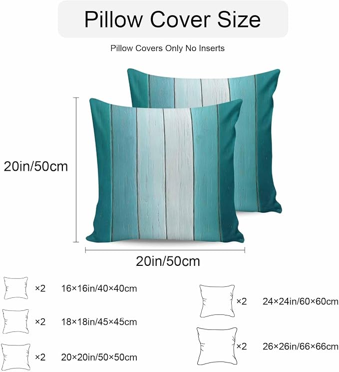 Throw Pillow Covers 20x20 Inch Set of 2, Aqua Ombre Waterproof Outdoor Cushion Covers, Vintage Country Wooden Decorative Pillowcases for Couch, Sofa, Bed, Garden, Patio