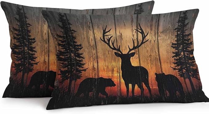 Yukro Wildlife Scene Outdoor Waterproof Pillow Covers Pack of 2, Nature Deer Bear Pine Trees Silhouette Sunset Throw Pillowcases Decorative Cushion Covers for Garden Patio Tent Sofa Couch, 20x12 inch