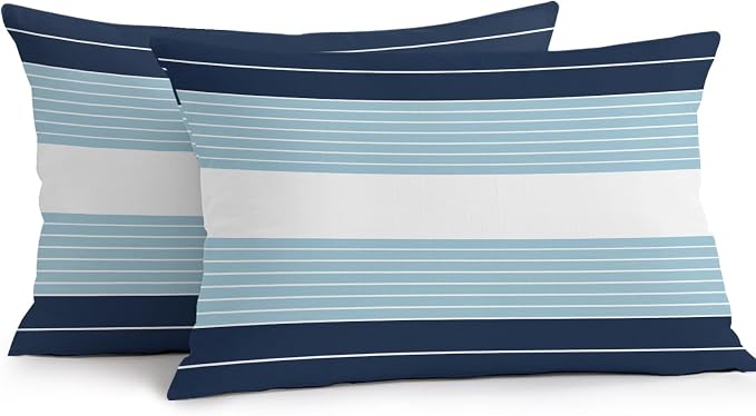 Navy Blue Aqua Stripe Outdoor Pillow Covers Waterproof, All Weather Cushion Case Set of 2, Modern Art Horizontal Striped Lumbar Pillowcase for Sofa Couch Bed Decor Patio Furniture 20"x12"