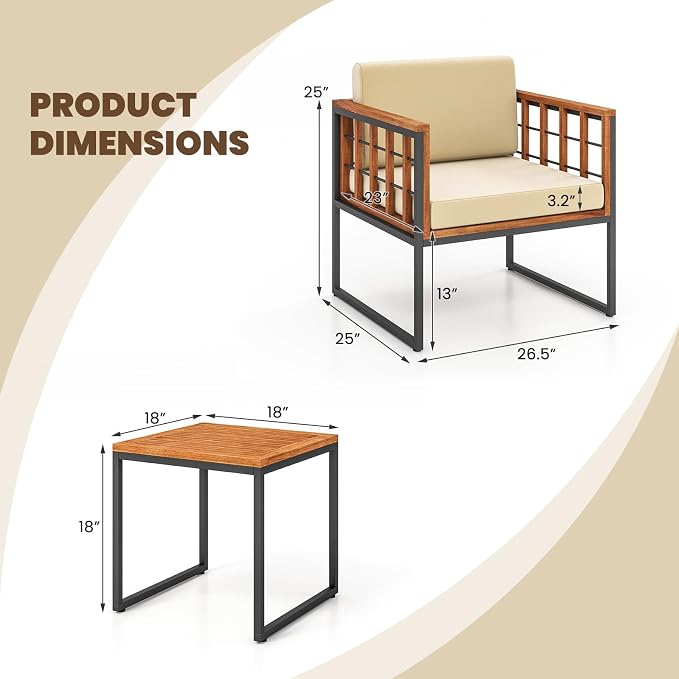 HAPPYGRILL 3 Pieces Wood Patio Furniture Set, Acacia Wood Conversation Set with 2 Cushioned Chairs, Outdoor Patio Bistro Set for Porch, Balcony, Garden, Backyard