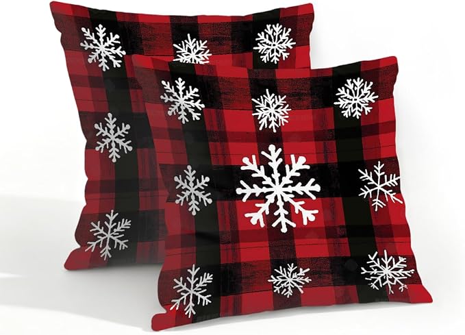 18x18 Inch Outdoor Pillow Covers Set of 2 Waterproof Throw Pillow Covers Decorative Couch Cushion Covers Buffalo Plaid Snow Square Pillowcases Protectors for Patio Garden Sofa