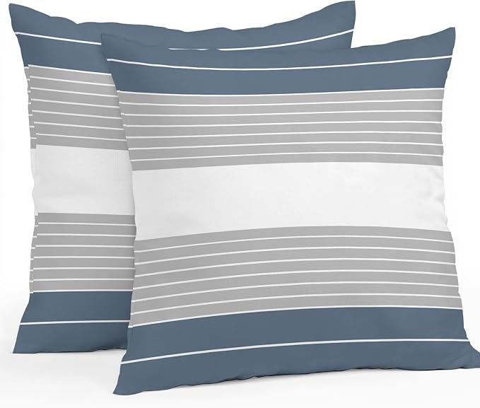 Haze Blue Grey Stripe Outdoor Pillow Covers Waterproof, All Weather Cushion Case Set of 2, Modern Art Horizontal Striped Decorative Pillowcases for Sofa Couch Bed Decor Patio Furniture 16"x16"