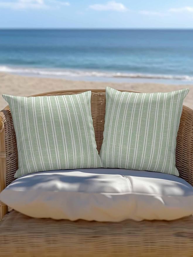 Waterproof Outdoor Pillow Set of 2 Green Linen Striped Decorative Throw Pillows Cover & Insert 16x16 Inch Pillowcase Vertical Stripes Lines Pillows for Couch Sofa Bed Patio Furniture Indoor Outdoor