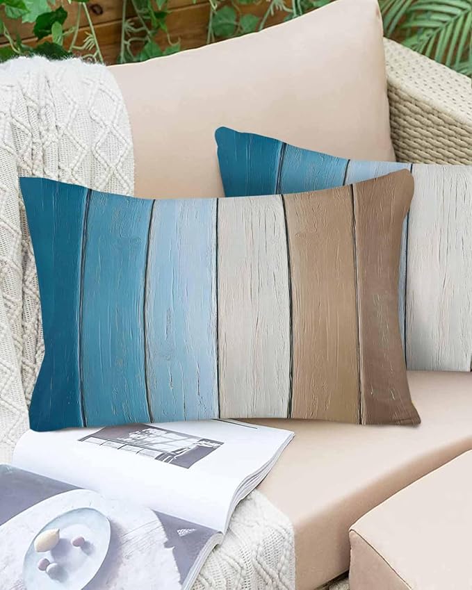 Lumbar Pillow Covers 20x12 Inch Set of 2, Blue Brown Ombre Waterproof Outdoor Cushion Covers, Vintage Country Wooden Decorative Pillowcases for Couch, Sofa, Bed, Garden, Patio