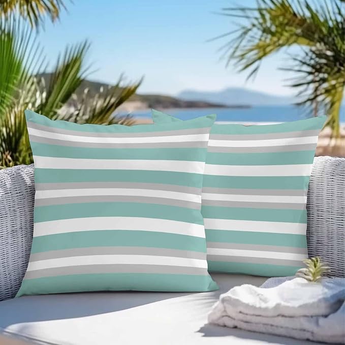 Aqua Grey Stripe Outdoor Pillow Covers Waterproof, All Weather Cushion Case Set of 2, Minimalist Farmhouse Striped Decorative Pillowcases for Sofa Couch Bed Decor Patio Furniture 18"x18"
