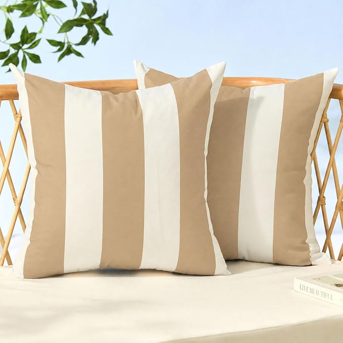 Allorry Outdoor Pillow Covers 18x18 Light Brown Striped Outdoor Decor 07L18 | Striped Pillow Covers|for Spring Summer Outdoor Waterproof Garden Patio Furniture Sofa Bed Home Decor