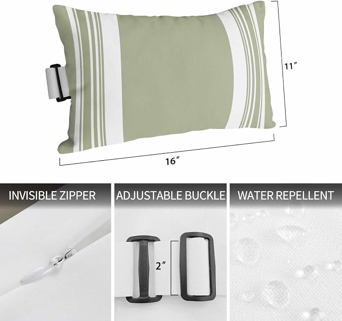 Outdoor Lumbar Pillow Set of 1, Farmhouse Sage Green Waterproof Beach Headrest Pillow with Inserts, Aesthetic Modern Line Striped Recliner Throw Pillows for Patio Furniture, 11 x 16