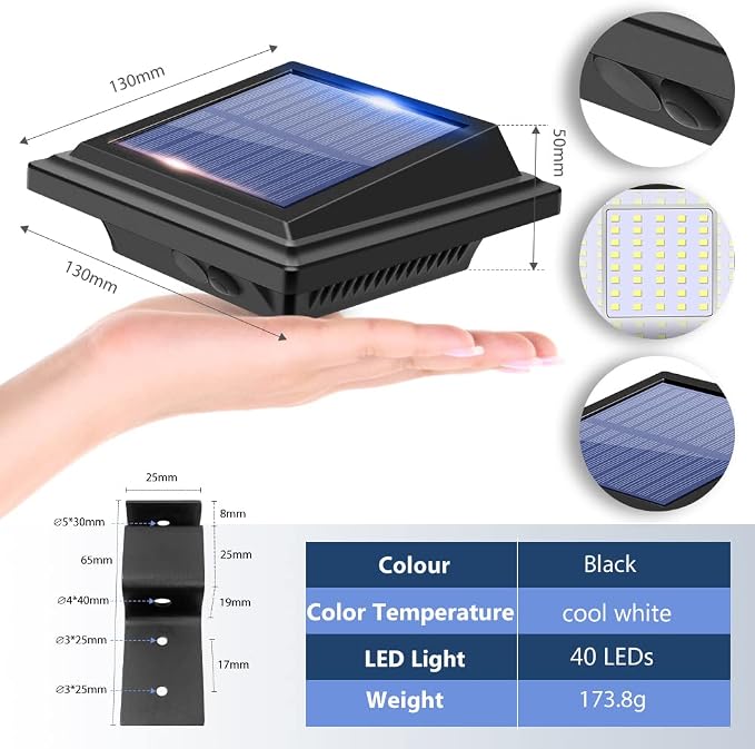 Gutter Lights, 40 LEDs Solar Patio Decor Lights, Deck Lights Outdoor Waterproof Fence Lights for Wall Backyard Porch, Patio, Pool,Step Stairs, Yard, Garden, Pathway (2Pack-Black,Cool White Light)