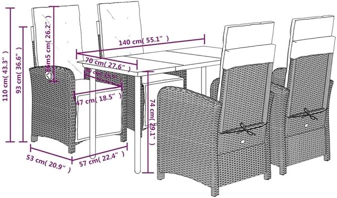 BOWERY HILL 5 Piece Poly Rattan Garden Dining Set, Black and Cream White Finish, Tempered Glass Table, Adjustable Reclining Chairs, Cushions with Removable Covers, Outdoor Patio or Garden Furniture