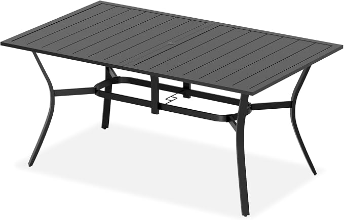 MELLCOM 63''x38'' Outdoor Dining Table for 6, E-Coating Metal Patio Dining Table with 1.57'' Umbrella Hole, All-Weather Black Rectangular Table for Porch, Garden, Backyard, Poolside, Lawn