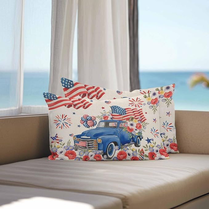 Independence Day Outdoor Throw Pillow Cover Farm Truck USA Flag Poppy Waterproof Cushion Covers 2 Pack Retro Patriotic Fireworks Pillow Cases Home Decoration for Patio Garden Couch Sofa 20x12In