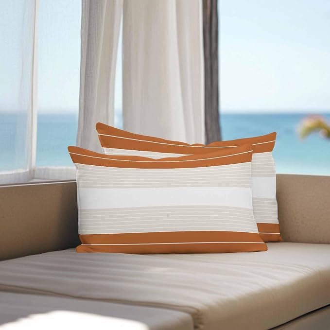 Orange Beige Stripe Outdoor Pillow Covers Waterproof, All Weather Cushion Case Set of 2, Modern Art Horizontal Striped Lumbar Pillowcase for Sofa Couch Bed Decor Patio Furniture 20"x12"