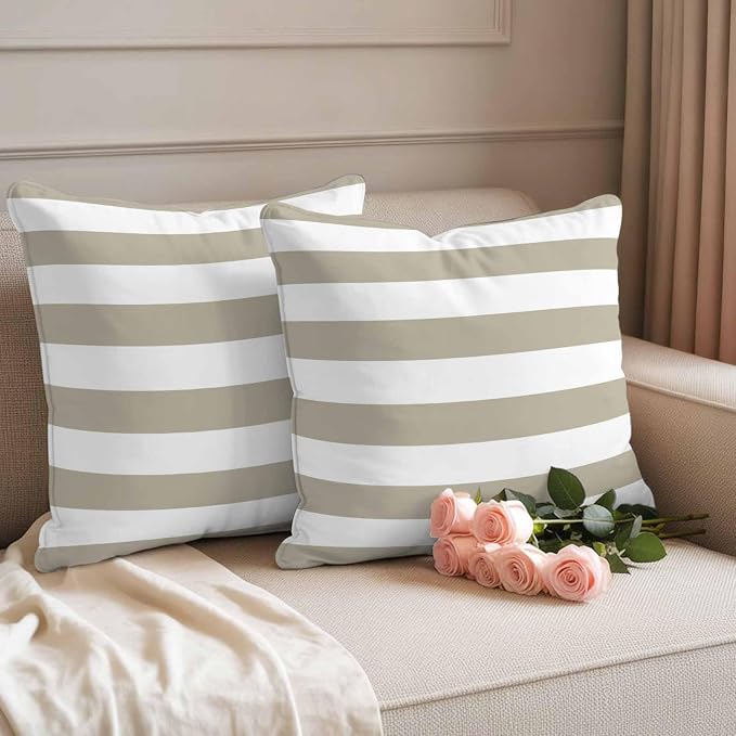 JasmineM Outdoor Pillow Cover 24x24 Inches Set of 2 Tan and White Stripe Waterproof Throw Pillow Covers Taupe Tan Brown Stripes Decorative Pillowcases Garden Cushion Case for Patio Couch Sofa