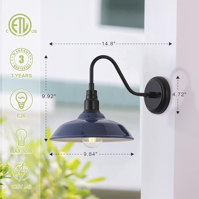 10in Outdoor Barn Light Gooseneck Outdoor Light Fixture, Midnight Blue Exterior Farmhouse Lights, Goose Neck Porch Wall Lighting Sconce for House, Garage, Doorway