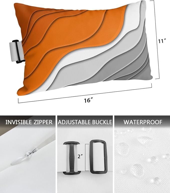 Geometric Ombre Lounge Pillows Outdoor, Aesthetic Orange Grey White Gradient Abstract Head Pillows, Modern Waterproof Patio Furniture Lumbar Pillows with Adjustable Elastic Strap for Recliner Beach