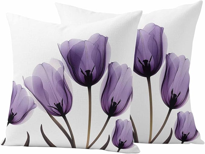 Spring Purple Outdoor Waterproof Throw Pillow Covers Set of 2, 20"x20", Flowers Image of Tulips Floral Decorative Pillow Covers Outside Cushion Case for Patio Porch Garden