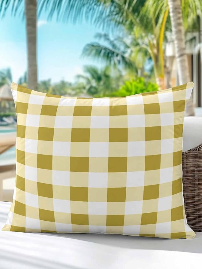 Waterproof Outdoor Pillow 1 Pack Buffalo Plaid Decorative Throw Pillows Cover & Insert 16x16 Inch Pillowcase Yellow Check Lines Square Pillows for Couch Sofa Bed Patio Furniture Indoor Outdoor