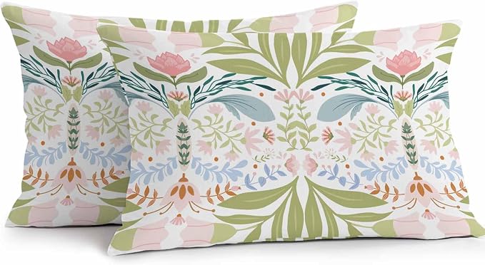 Outdoor Pillow Covers Waterproof, Green Blue Pink Floral All Weather Cushion Case Set of 2, Rustic Ethnic Boho Flowers Botanical Lumbar Pillowcase for Sofa Couch Bed Decor Patio Furniture 20"x12"