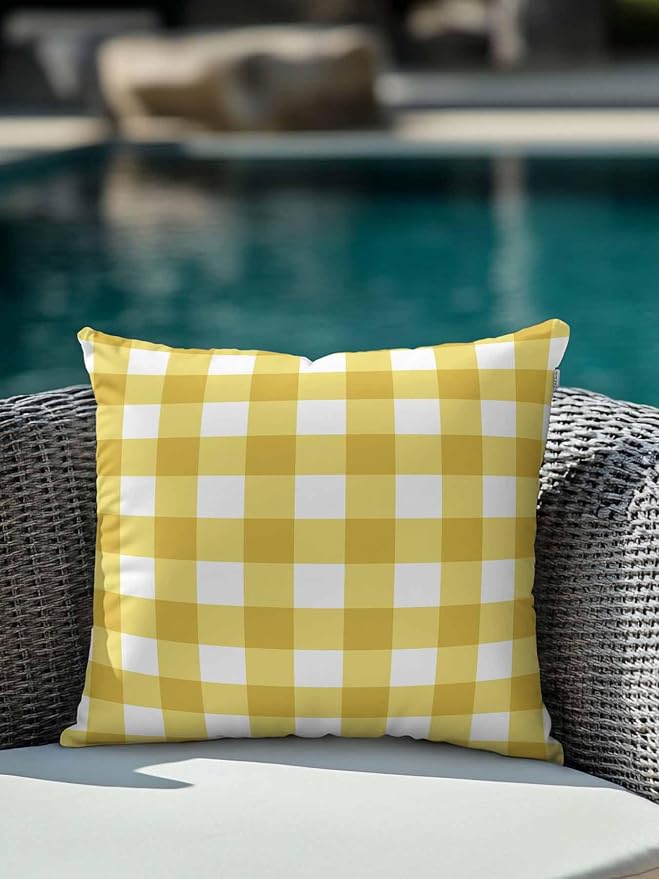 Waterproof Outdoor Pillow 1 Pack Yellow Buffalo Plaid Decorative Throw Pillows Cover & Insert 18x18 Inch Pillowcase Check Lines Square Pillows for Couch Sofa Bed Patio Furniture Indoor Outdoor