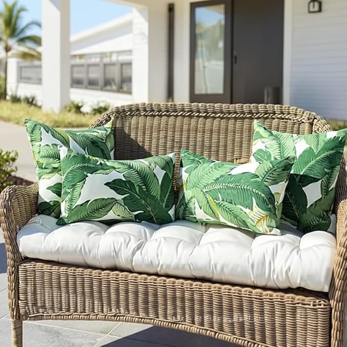RSH DECOR: Lumbar Throw Pillows Set of 4 | 20” x 12" | All-Weather Spun Fabric | Water and Fade-Resistant | Outdoor Support Pillows for Patio Furniture | Swaying Palms Aloe