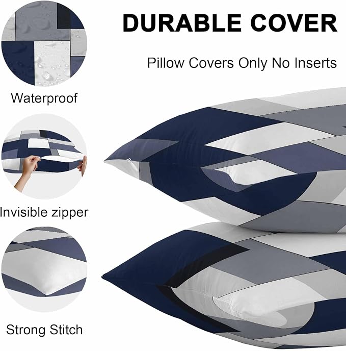 Modern Blue White Grey Plaid Outdoor Pillow Covers 20x20in Pack of 2 Waterproof Pillowcase Abstract Geometric Checkered Decorative Throw Cushion Case for Patio Couch Sofa