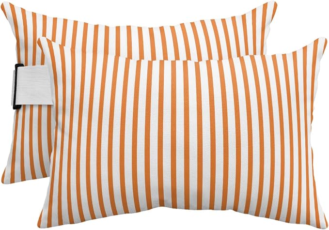 Pack of 2 Outdoor Lumbar Pillow Covers 12x20 Inch, Thin Orange Striped Waterproof Throw Pillow Covers Set, Farmhouse Modern Stripes Indoor&Outdoor Decorative Cushion Cases for Patio Porch Car