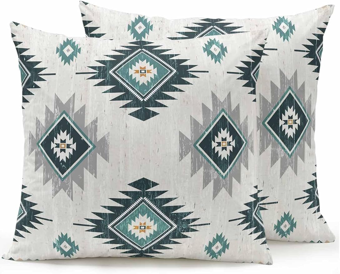Waterproof Outdoor Pillow Set of 2 Turquoise Boho Aztec Decorative Throw Pillows Cover & Insert 16x16 Inch Pillowcase Southwest Tribal Style Pillows for Couch Sofa Bed Patio Furniture Indoor Outdoor