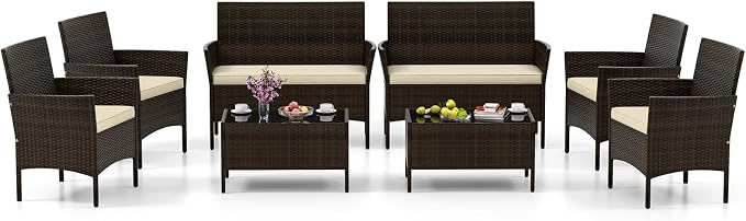 HAPPYGRILL 8 Pieces Outdoor Rattan Conversation Set, Patio Wicker Furniture Set with Loveseat Chairs & Tempered Glass Coffee Table, Outside Sectional Sofa Set for Backyard, Garden & Poolside